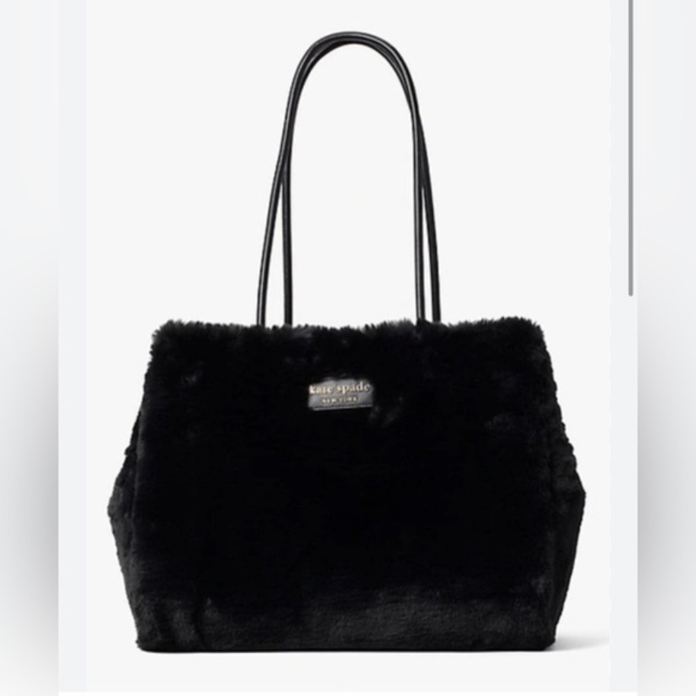 kate spade Black Faux Fur Tote with Logo Plaque